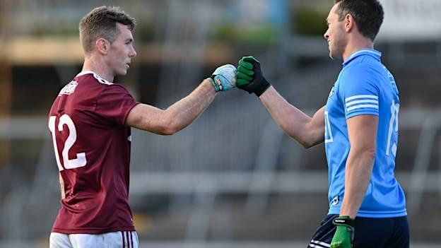 Jason Leonard, Galway, and Dean Rock, Dublin, following a 2020 Allianz Football League Division One encounter at Pearse Stadium. Photo by Ramsey Cardy/Sportsfile