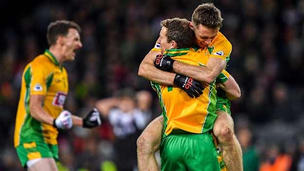 Jason Leonard and Gary Sice celebrate following the 2020 AIB All-Ireland Club Final at Croke Park. Photo by Piaras Ó Mídheach/Sportsfile