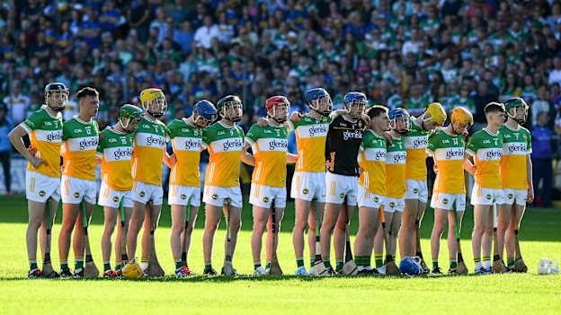 The Offaly 'starting fifteen' stand together for the playing of the National Anthem before the oneills.com GAA Hurling All-Ireland U20 Championship final match between Offaly and Tipperary at UPMC Nowlan Park in Kilkenny. Photo by Ray McManus/Sportsfile.