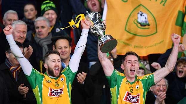 Corofin joint-captains Micheál Lundy and Jason Leonard lift the the Andy Merrigan Cup following the 2020 AIB All-Ireland Club SFC win over Kilcoo at Croke Park. Photo by Sam Barnes/Sportsfile