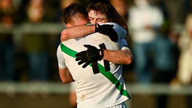 David Wynne and Owen Gallagher celebrate following Maigh Cuilinn's 2022 AIB Connacht Club SFC victory. Photo by Ben McShane/Sportsfile