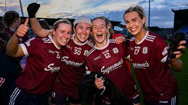 Galway players, from left, Emma Reaney, Shauna Hynes, Niamh Divilly and Ailish Morrissey celebrate after their side's victory in the TG4 All-Ireland Ladies Football Senior Championship quarter-final match between Dublin and Galway at Parnell Park in Dublin. Photo by Seb Daly/Sportsfile.