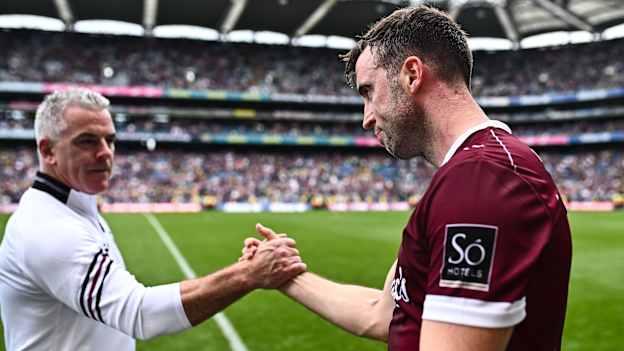 Galway manager Pádraic Joyce and Paul Conroy pictured following the 2024 All-Ireland SFC Semi-Final win over Donegal at Croke Park.