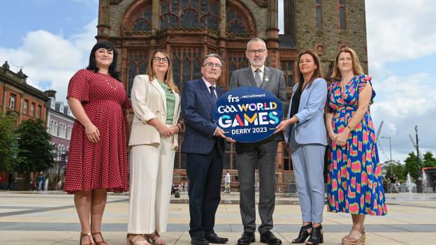 O'Neills and FRS Recruitment representatives alongside, Ulster LGFA President Gerry Doherty, Uachtarán Chumann Lúthchleas Gael Larry McCarthy, and Uachtarán an Cumann Camógaíochta Hilda Breslin