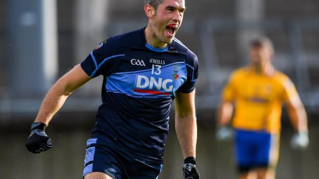 Niall Coakley of St Judes celebrates after scoring a goal against Na Fianna during the Dublin County Senior Football Championship Round 1 match between St Judes and Na Fianna at Parnell Park in Dublin. 