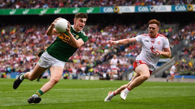 Seán O'Shea, Kerry, and Conor Meyler, Tyrone, during the All Ireland SFC Semi-Final at Croke Park.