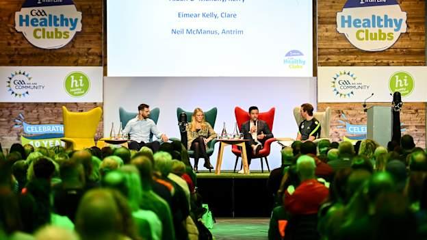 Neil McManus, Eimear Kelly, Aidan O'Mahony, and GAA Community and Health manager, Colin Regan pictured during the Irish Life GAA Healthy Club Conference 2023 at Croke Park. Photo by Tyler Miller/Sportsfile