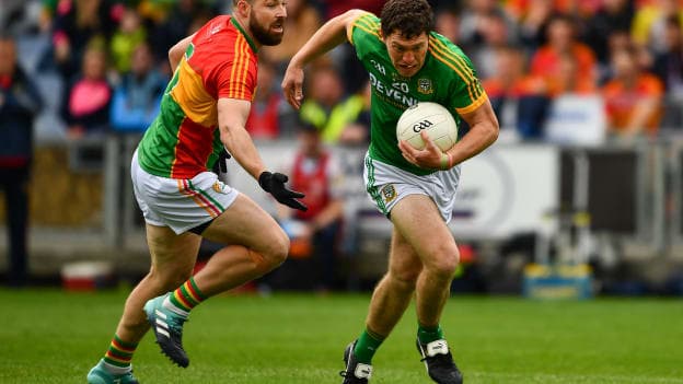 Padraic Harnan, Meath, and Daniel St Ledger, Carlow, in Leinster SFC Quarter-Final action at O'Moore Park.