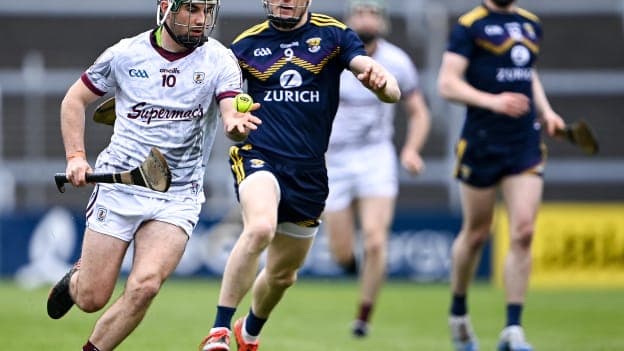 Evan Niland, Galway, and Diarmuid O'Keeffe, Wexford, in Leinster SHC action.