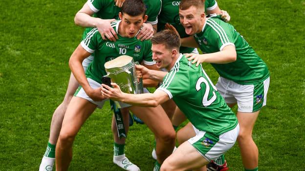 Kevin Downes takes a selfie with the Liam MacCarthy Cup and team-mates, left to right, Gearóid Hegarty, Declan Hannon, Michael Casey, Shane Dowling and Peter Casey after the 2018 GAA Hurling All-Ireland Senior Championship Final match between Galway and Limerick at Croke Park in Dublin. 