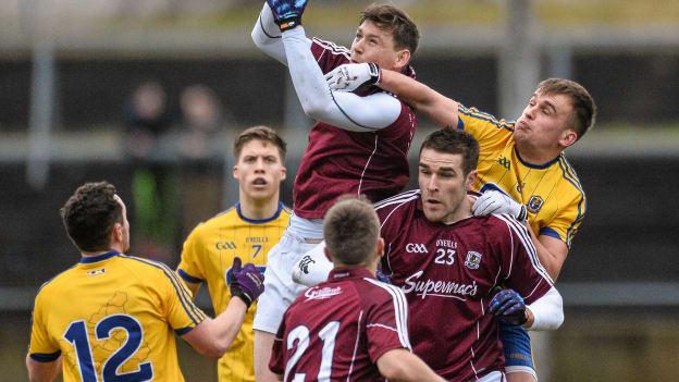 Tom Flynn climbs highest during the 2016 Connacht FBD League Final.