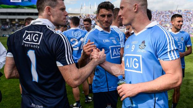 Stephen Cluxton agus Ciarán Kilkenny tar éis an bua i gcoinne Cill Dara.