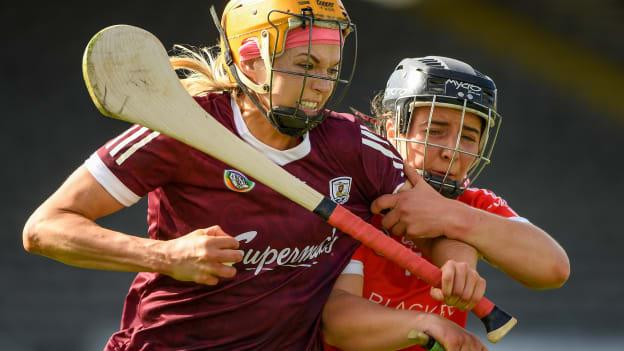 Sarah Dervan of Galway in action against Linda Collins of Cork during the Littlewoods Ireland National Camogie League Division 1 Semi-Final match between Cork and Galway at Nowlan Park in Kilkenny.