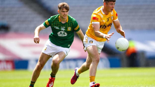 Adam Loughran, Antrim, and Cathal Hickey, Meath, in Tailteann Cup action at Croke Park. Photo by Michael P Ryan/Sportsfile