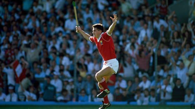 John Fitzgibbon, Cork, celebrates after scoring a goal against Galway in the 1990 All-Ireland SHC Final. 