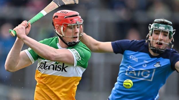 Charlie Mitchell of Offaly in action against Jack O'Shea of Dublin during the oneills.com Leinster GAA Hurling U20 Championship Semi-Final match between Offaly and Dublin at Glenisk O'Connor Park in Tullamore, Offaly. Photo by Piaras Ó Mídheach/Sportsfile.