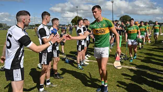 Jack Ryan, Clonoulty-Rossmore, shakes hands with Cian Darcy, Kilruane MacDonaghs, following Sunday's Tipperary SHC encounter at Templetuohy.