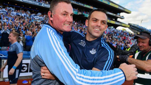 Dublin manager Mick Bohan, left, and defensive coach Paul Casey celebrate following the 2018 TG4 All-Ireland Ladies Football Senior Championship Final match between Cork and Dublin at Croke Park, Dublin.