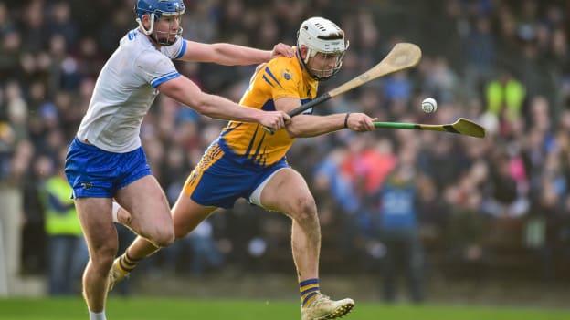 Aron Shanagher, Clare, and Conor Prunty, Waterford, in Co-op Superstores Munster Hurling League action at Fraher Field.