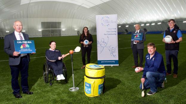 Left to right: Denis O'Boyle (GAA Games for All Commitee), Sarah Cregg (Connacht Wheelchair Camogie Player), Ger McTavish (GAA National Diversity and Inclusion Officer), Mattie Kilroy (Connacht GAA Health and Wellbeing Committee), Ray McNamara (Sports Inclusion Development Officer, Mayo Sports Partnership), and John Prenty (Connacht GAA Secretary) at the official launch of the GAA National Inclusion Fitness Day.