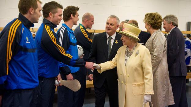 Padraic Maher, Tipperary, is introduced to HM Queen Elizabeth II by Uachtarán CLG Criostóir Ó Cuana during their tour of Croke Park. 