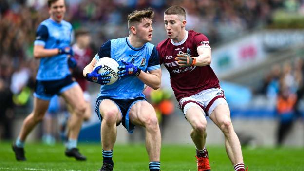 Sligo U20 footballer, Dillon Walsh, left, in action with Summerhill College against Caolan Donnelly of Omagh CBS during the 2023 Masita GAA Post Primary Schools Hogan Cup Final.