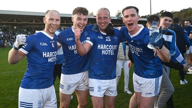 Naomh Conaill players, from left, Anthony Thompson, Odhran Doherty, Eoin Waide and Ciaran Thompson celebrate after the Donegal County Senior Club Football Championship final between Gaoth Dobhair and Naomh Conaill at MacCumhaill Park in Ballybofey, Donegal. Photo by Ramsey Cardy/Sportsfile