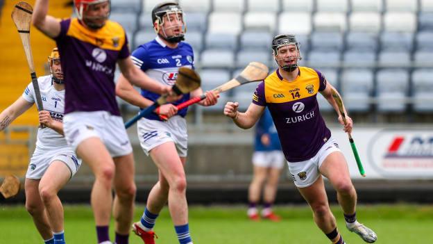 Conor McDonald of Wexford right, celebrates after scoring his side's first goal during the Leinster GAA Hurling Senior Championship Round 3 match between Laois and Wexford at MW Hire O’Moore Park in Portlaoise, Laois. 