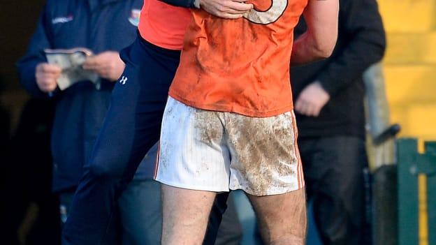 Paddy McKeever and Ethan Rafferty celebrate at the Athletic Grounds.