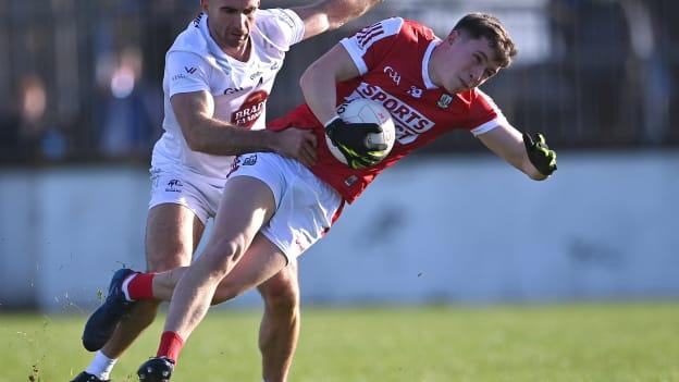 Luke Fahy, Cork, and Ryan Houlihan, Kildare, in Allianz Football League Division Two action at St Conleth's Park. Photo by Piaras Ó Mídheach/Sportsfile