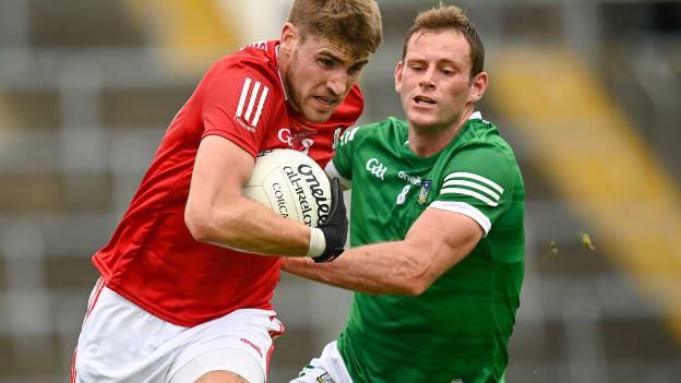 Ian Maguire, Cork, and Darragh Treacy, Limerick, in Munster Senior Football Championship action.
