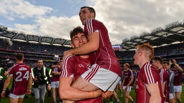 Johnny Coen celebrates with team-mate Jason Flynn after Galway's victory over Waterford in the 2017 All-Ireland SHC Final. 