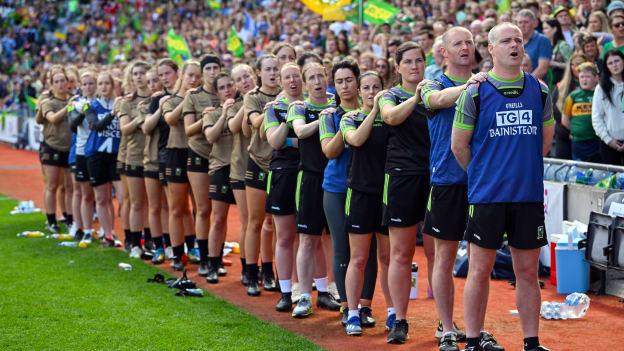 Kerry joint managers Declan Quill, right and Darragh Long with their substitutes before the TG4 All-Ireland Ladies Football Senior Championship Final match between Kerry and Meath at Croke Park in Dublin. Photo by Brendan Moran/Sportsfile.