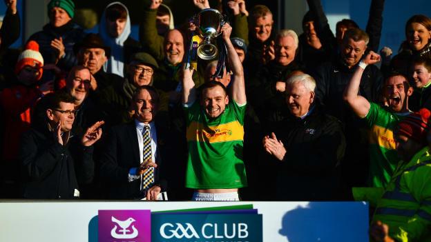 Glen captain Connor Carville lifts the cup after the AIB Ulster GAA Football Senior Club Championship Final match between Glen Watty Graham's of Derry and Kilcoo of Down at the Athletic Grounds in Armagh.
