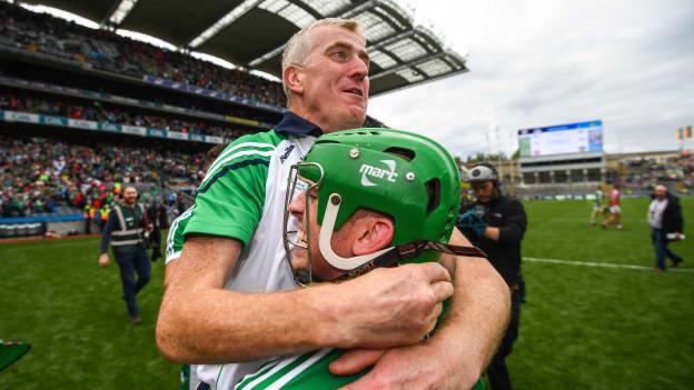Limerick manager John Kiely is lifted in celebration by Shane Dowling following their extra-time victory over Cork in the 2018 All-Ireland SHC semi-final.