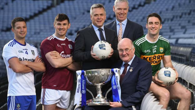 In attendance at the Allianz Football League 2019 launch in Dublin were, from left, Ryan Wylie of Monaghan, Shane Walsh of Galway, Sean McGrath, CEO, Allianz Ireland, Peter Kilcullen, Chief Customer Officer, Allianz Ireland, Uachtaráin Cumann Lúthchleas Gael John Horan and Stephen O'Brien of Kerry. 