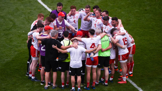Mickey Harte speaks to his Tyrone team at half-time in the 2018 All Ireland SFC Final at Croke Park.