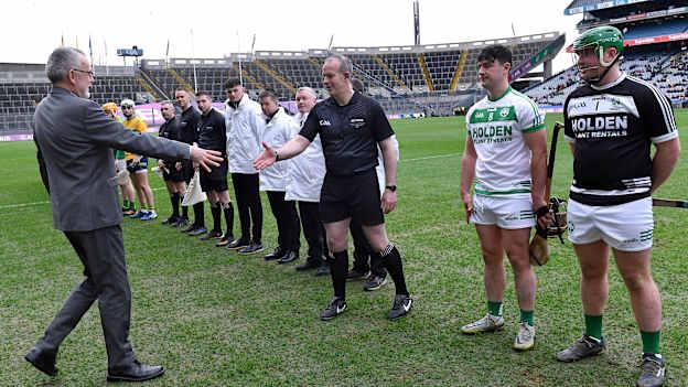 Uachtarán Chumann Lúthchleas Gael Larry McCarthy shakes hands with referee Johnny Murphy before the 2023 AIB GAA Hurling All-Ireland Senior Club Championship Final match between Shamrocks Ballyhale of Kilkenny and Dunloy Cúchullain's of Antrim at Croke Park in Dublin. 