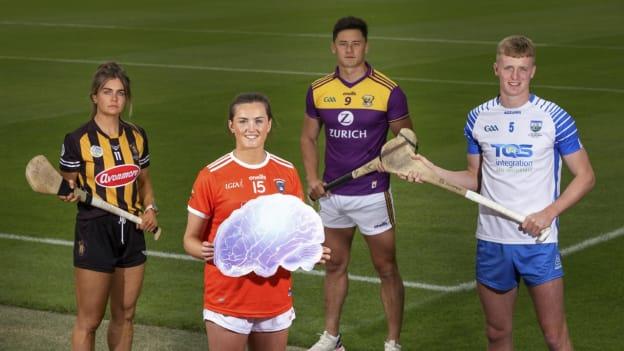 Left to right, Kilkenny camogie player Katie Power, Armagh footballer Aimee Mackin, Wexford hurler Lee Chin, and Waterford hurler Calum Lyons at the launch of UPMC's pilot programme on concussion baseline testing. 