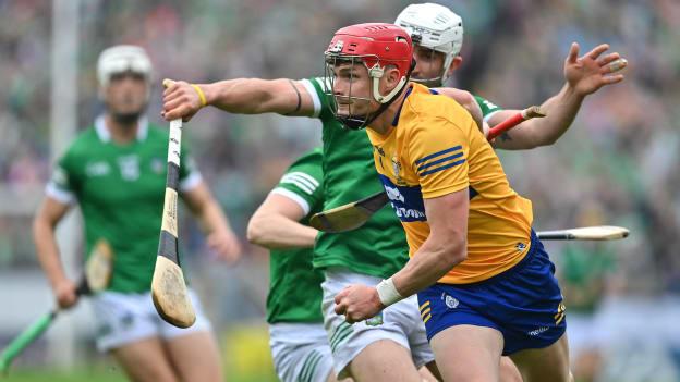 Paul Flanagan of Clare in action against Aaron Gillane of Limerick during the 2022 Munster GAA Hurling Senior Championship Final match between Limerick and Clare at FBD Semple Stadium in Thurles, Tipperary. 