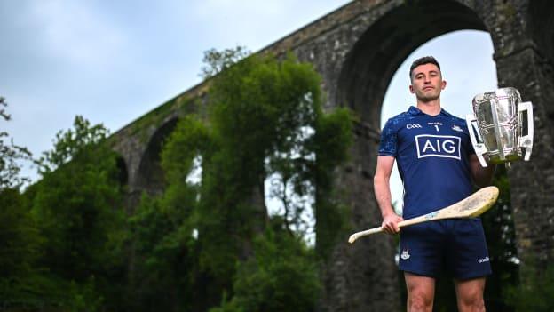 Dublin goalkeeper Seán Brennan with the Liam MacCarthy Cup at the 2023 GAA Hurling All-Ireland Series national launch at Kilmacthomas Viaduct. Photo by Brendan Moran/Sportsfile