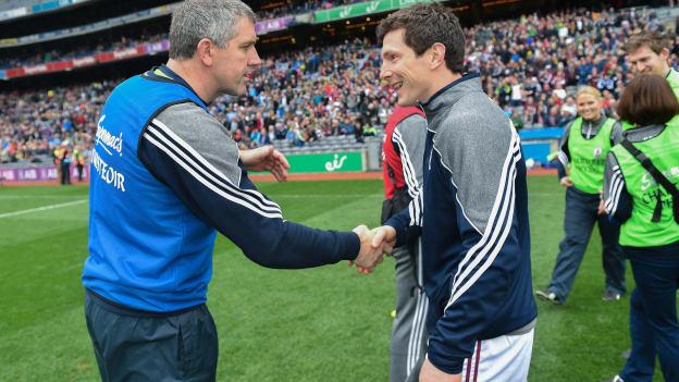 Galway manager Kevin Walsh and Michael Meehan following the Allianz Football League Division Two Final win over Kildare at Croke Park.
