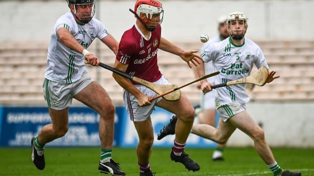 Liam Moore of Dicksboro in action against Jay Leahy, left and Jordan Molloy of O'Loughlin Gaels during the Kilkenny County Senior Hurling League Final match between O'Loughlin Gaels and Dicksboro at UPMC Nowlan Park in Kilkenny.
