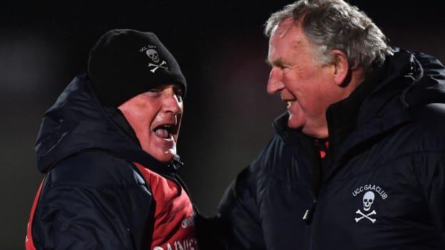 Billy Morgan and Dr Con Murphy celebrate UCC's Electric Ireland Sigerson Cup success.