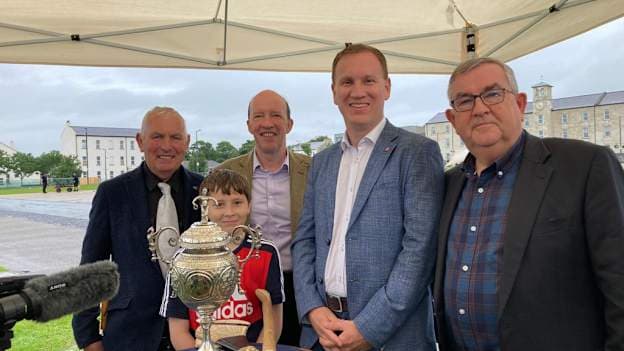 Pictured last July at the Antiques Roadshow event in Derry City. From left: Sean Corry of St Patrick’s GAC, The Loup, his grandson Bradley Dolphin, Antiques Roadshow silver expert Gordon Foster, GAA Historian Dónal McAnallen, Seán Bradley Derry GAA.