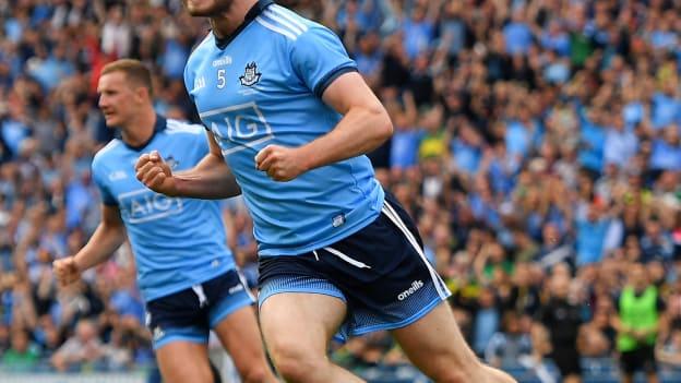 Jack McCaffrey celebrates after scoring a goal for Dublin against Kerry in the drawn 2019 All-Ireland SFC Final. 