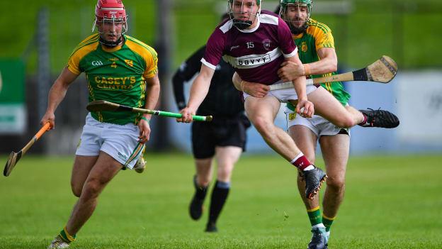 James Devaney of Borris-Ileigh in action against Joey McLoughney and Jake Ryan, left, of Toomevara during the Tipperary County Senior Hurling Championship Group 4 Round 1 match between Toomevara and Borris-Ileigh at McDonagh Park in Nenagh, Tipperary. 