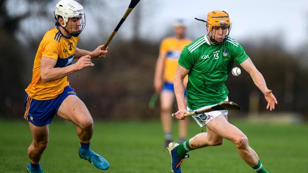 Adrian Breen of Limerick in action against Aidan McCarthy of Clare during the Co-op Superstores Munster Hurling League 2020 Group A match between Clare and Limerick at O'Garney Park in Sixmilebridge, Clare. 