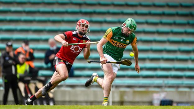 Eric Leen, Kerry, and Pearse Óg McCrickard, Down, in Joe McDonagh Cup action.