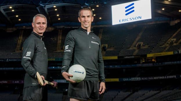 Seanie McGrath, former Cork hurler, and Dessie Dolan, former Westmeath footballer, pictured at Croke Park as Ericsson appointed new Official Technology Partner of the GAA.